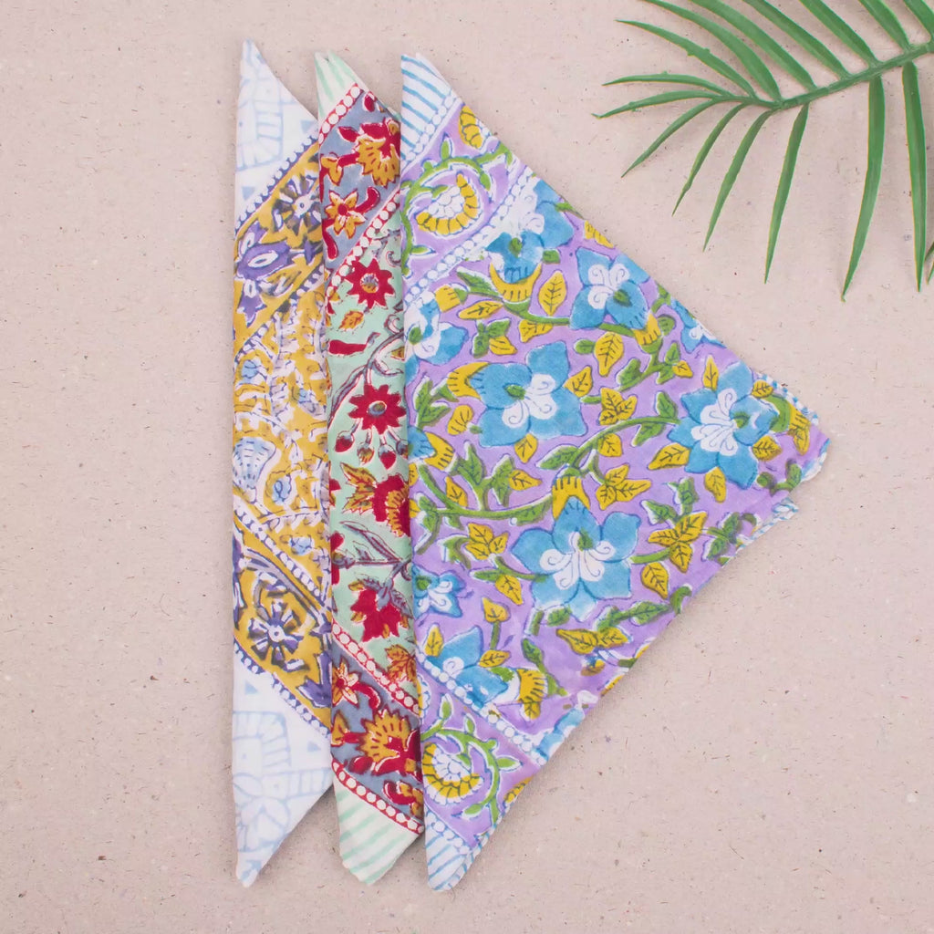 Lightweight Handmade Cotton Bandana, Reusable Boho Headwrap Scarf, Block Printed Summer Style For Hair, Neck Or Face, Perfect Gift Idea - 3pcs