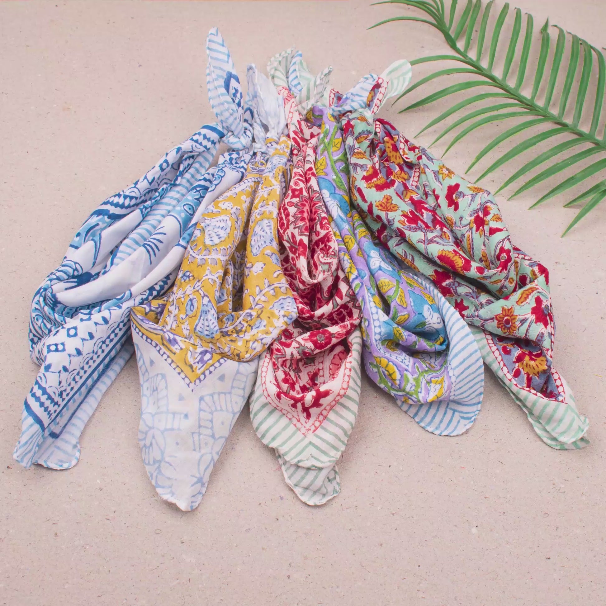 Cotton Bandana Headwrap, Reusable Block Print Scarf For Hair Or Neck, Lightweight Handmade Face Cover, Unisex Gift For Travellers - 5pcs