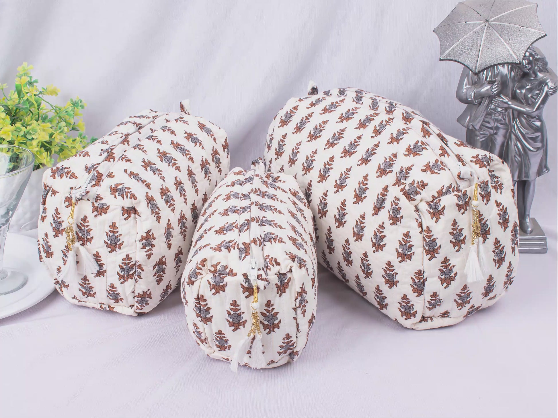 3pcs - Zipper Pouch Bags, Lightweight Cotton Bags, Cotton Makeup Bags, Print Cosmetic Bags, Set Of 3 Cotton Fabric Bags